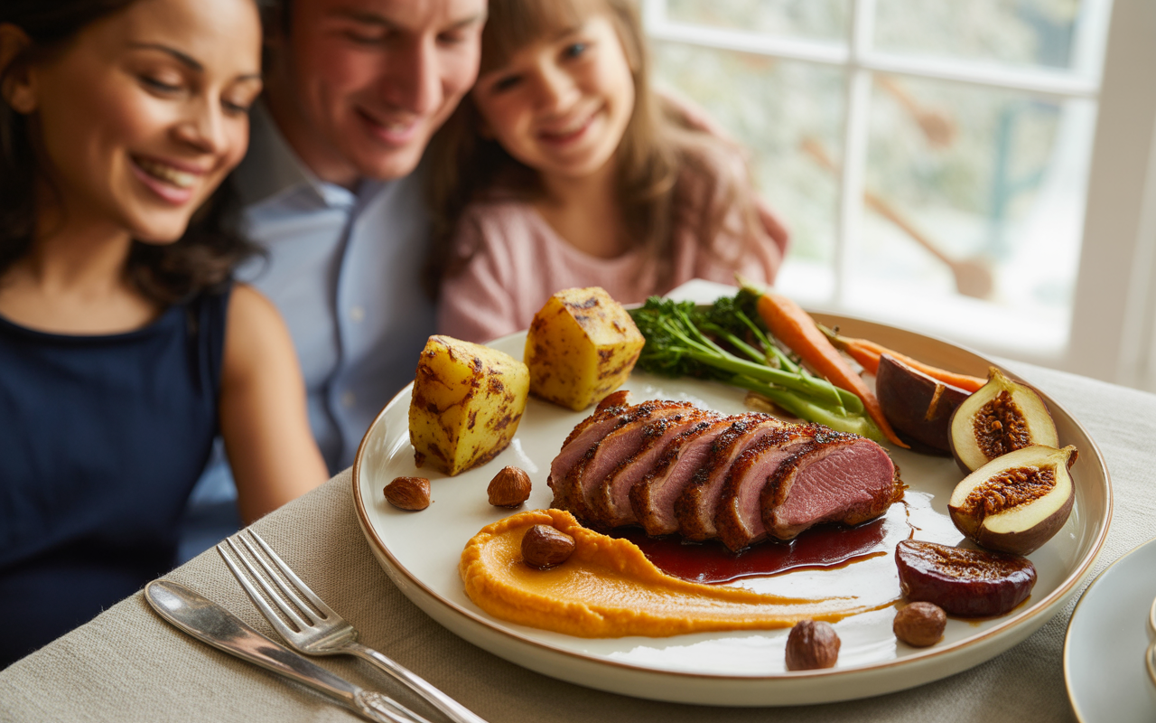 pexels-michal-pech-213601-757318 (1) Une famille souriante se prépare à déguster un plat raffiné, comprenant de la viande tranchée, des légumes et des fruits.
