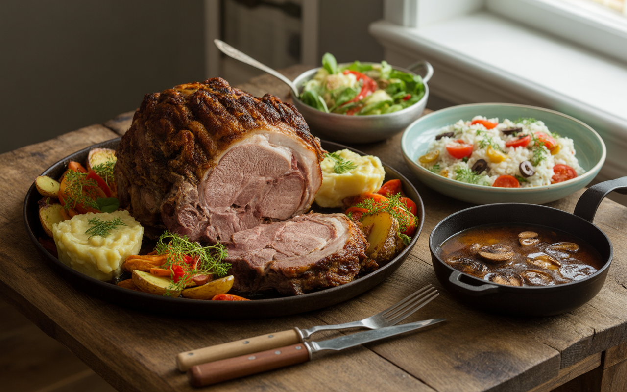 Plateau de viande rôtie accompagnée de purée, légumes, salade et riz, servi sur une table en bois.