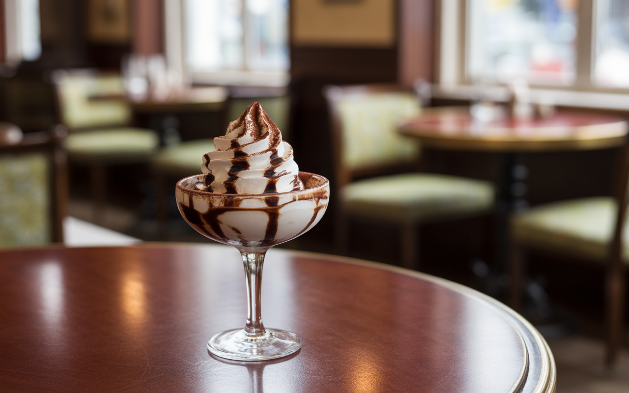 Un dessert glacé dans une coupe, garni de chantilly et de chocolat, sur une table en bois dans un café élégant.