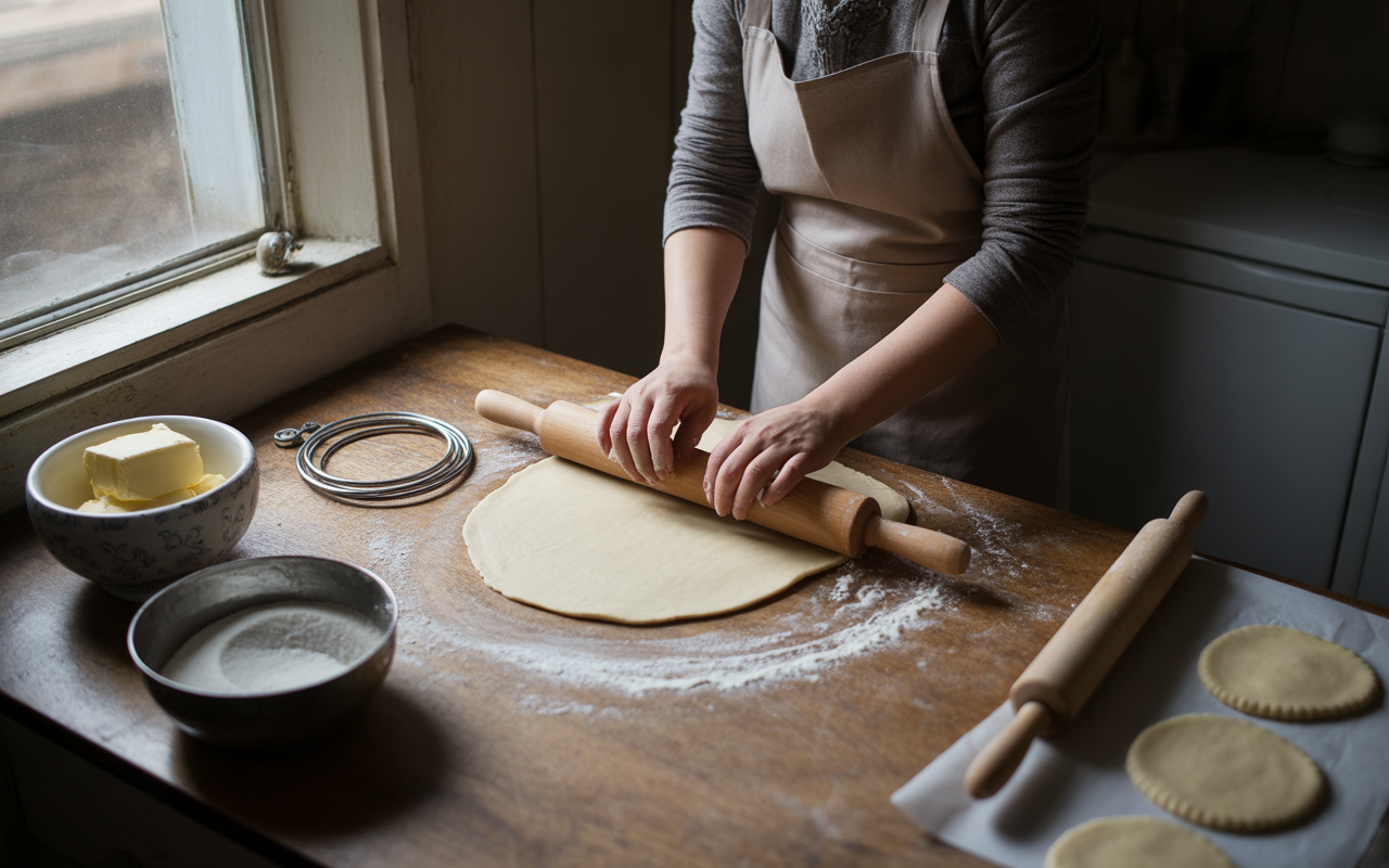 pexels-michal-pech-213601-757318 (1) Une personne roule de la pâte sur une table en bois, entourée de beurre, sucre et cercles de pâte. Lumière douce à travers la fenêtre.