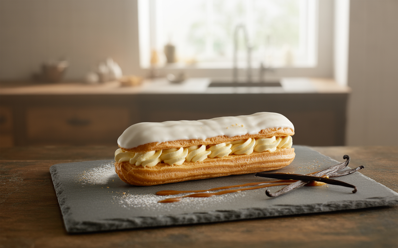 pexels-michal-pech-213601-757318 (1) Éclair fourré à la crème vanillée, nappé de glaçage, posé sur une planche noire, avec des gousses de vanille à côté.