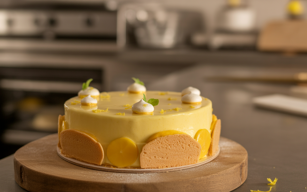 pexels-michal-pech-213601-757318 (1) Gâteau au citron décoré de meringues, tranches de citron et zestes, sur un plateau en bois dans une cuisine.