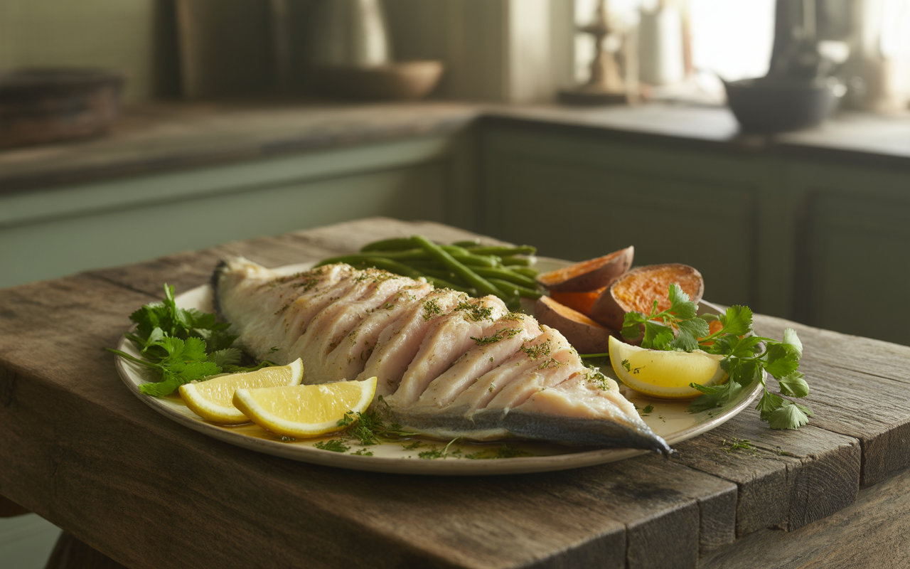 pexels-michal-pech-213601-757318 (1) Plat de poisson cuit, garniture de citron et coriandre, accompagné de haricots verts et de patates douces sur une planche en bois.