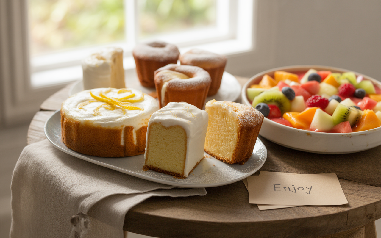 pexels-michal-pech-213601-757318 (1) Assiette de gâteaux délicieux, un gâteau à la crème glacée et muffins, accompagnés d'un bol de fruits frais, avec une carte "Enjoy".