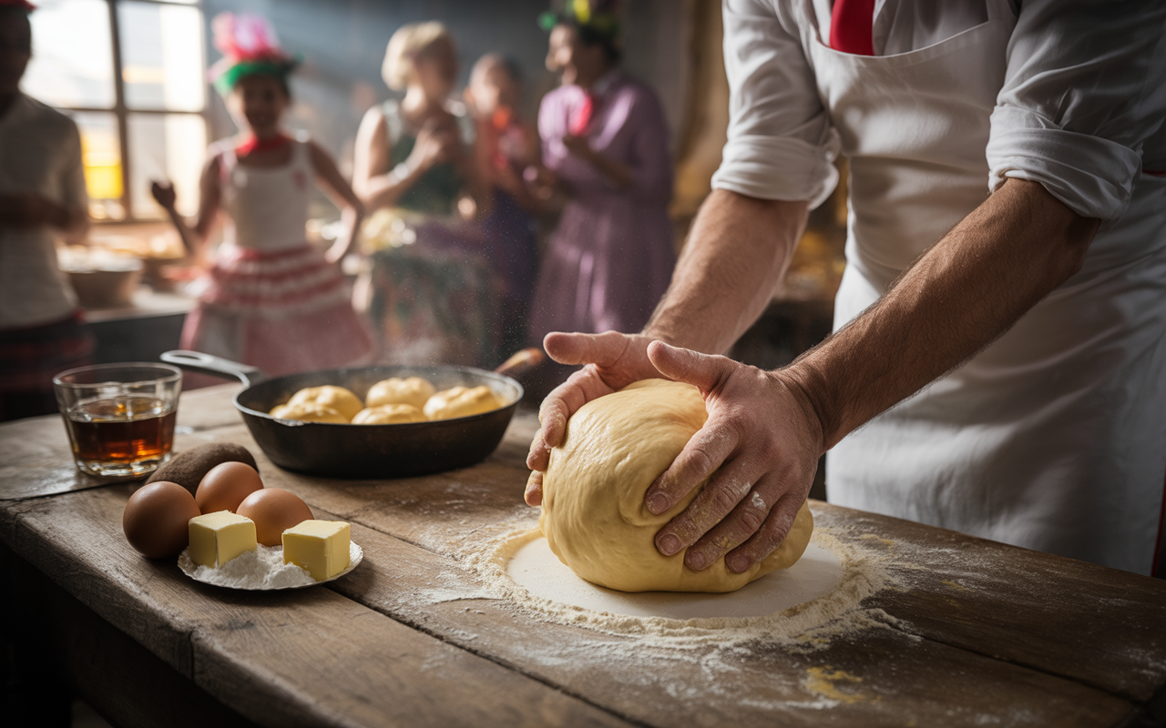 Un homme pétrit de la pâte sur une table en bois, entouré de préparations culinaires et de convives en arrière-plan.