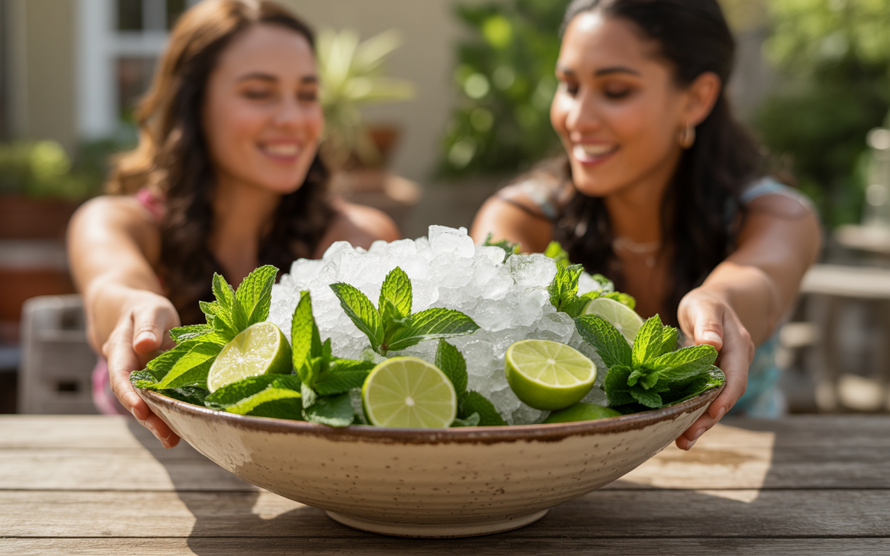 Deux femmes souriantes présentent un grand plat rempli de glace, de feuilles de menthe fraîche et de quartiers de citron.