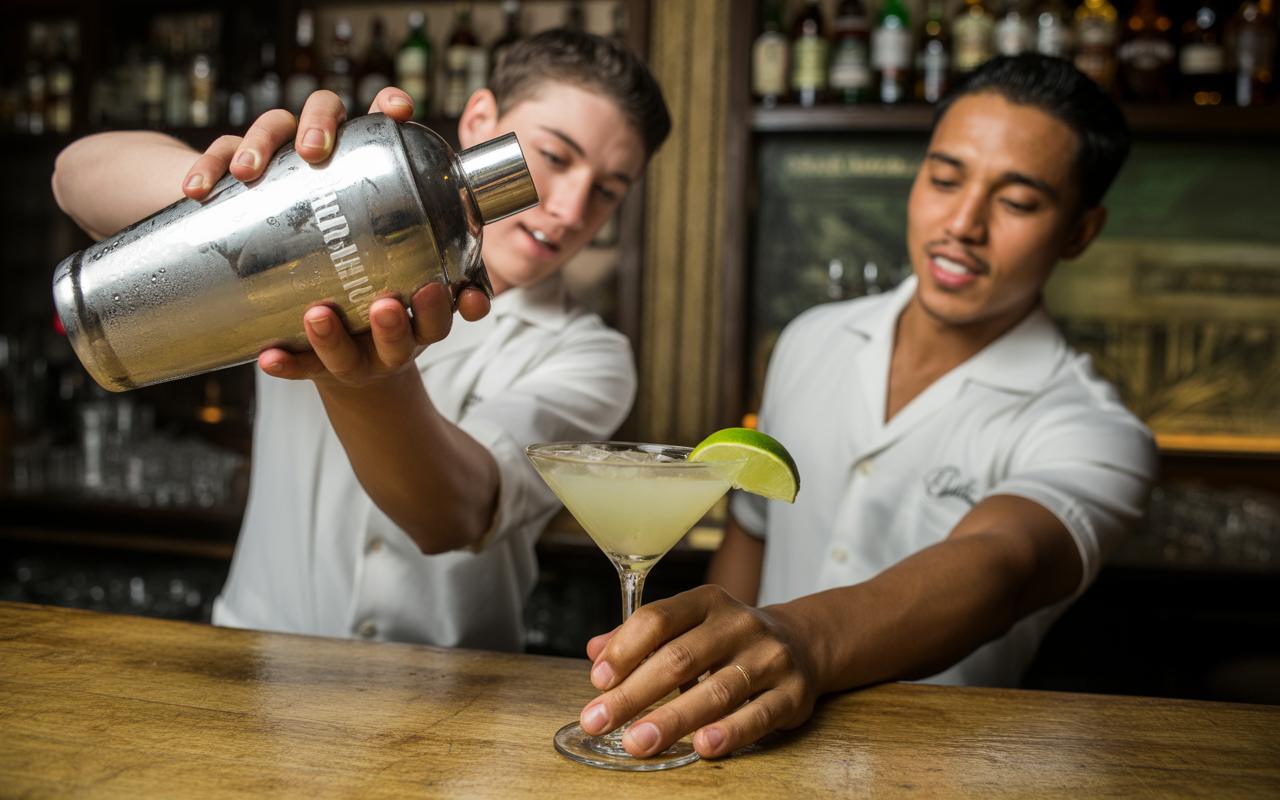 pexels-michal-pech-213601-757318 (1) Deux barmans préparent un cocktail, l'un verse dans un verre à cocktail, l'autre présente la boisson terminée garnie d'une lime.