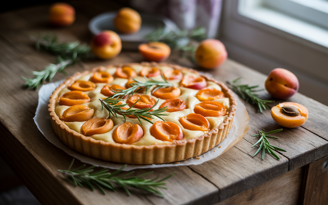 Tarte aux abricots ornée de brins de romarin, posée sur une table en bois avec des abricots frais autour.