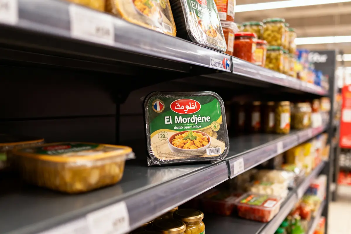 pexels-michal-pech-213601-757318 (1) Produits alimentaires en rayon de supermarché, focus sur un plat préparé "El Mordjène" aux légumes.