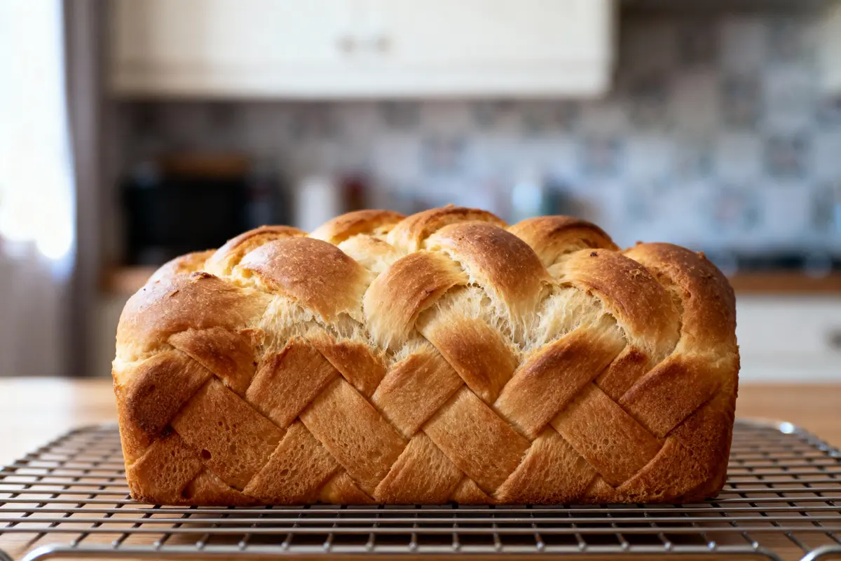 pexels-michal-pech-213601-757318 (1) Pain au tressage doré placé sur une grille de refroidissement en cuisine floutée à l’arrière-plan.