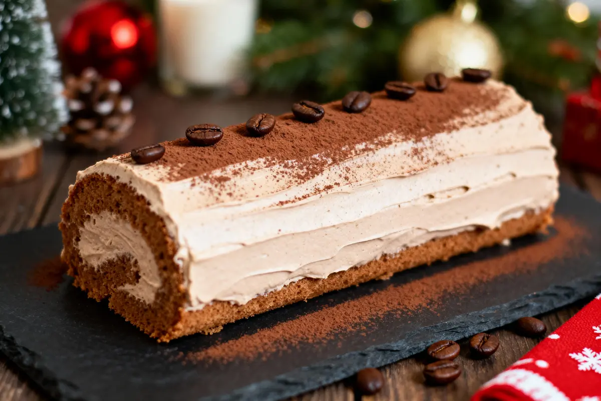 Bûche de Noël décorée de grains de café, posée sur un plateau noir, ambiance festive en arrière-plan.