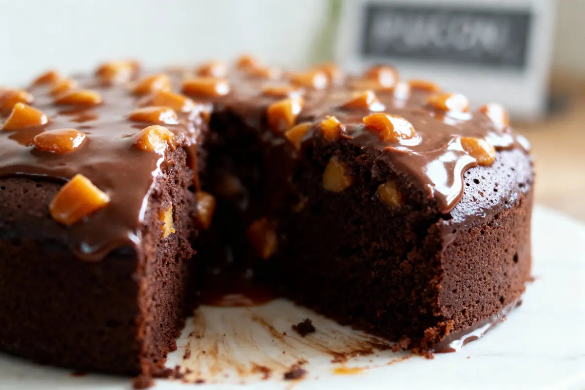 Gâteau au chocolat avec glaçage et morceaux de caramel, une part manquante, sur une assiette blanche.