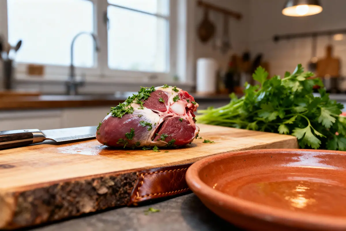 pexels-michal-pech-213601-757318 (1) Morceau de viande et persil frais sur planche à découper en bois, cuisine moderne en arrière-plan.