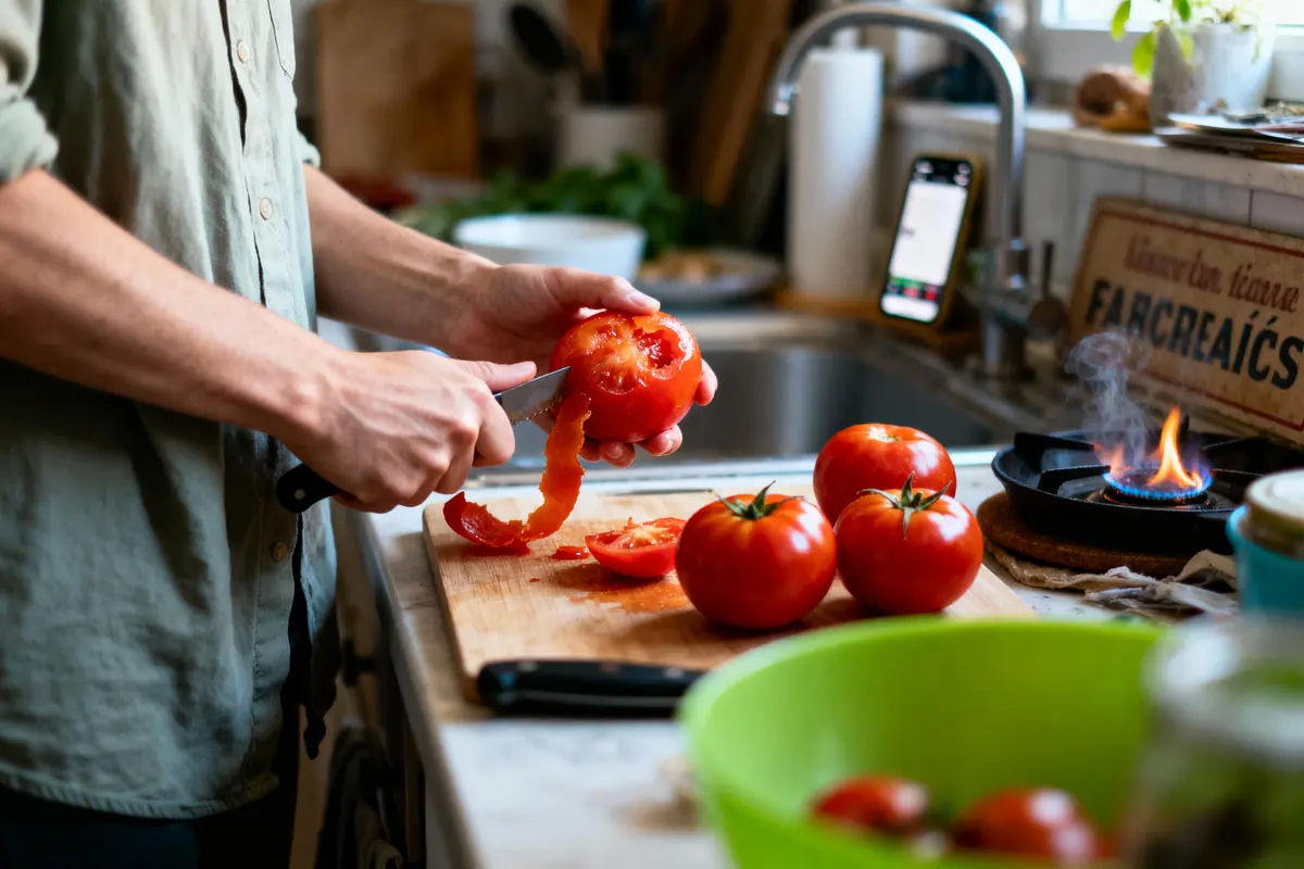 pexels-michal-pech-213601-757318 (1) Personne épluchant une tomate sur une planche à découper, cuisine avec des tomates, couteau, feu allumé.
