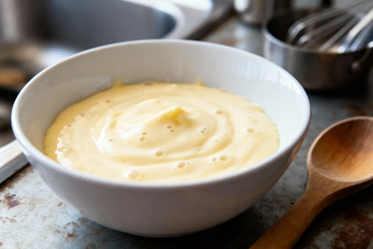 pexels-michal-pech-213601-757318 (1) Bol de mayonnaise crémeuse sur la table, cuillère en bois à côté, éclairage de cuisine.