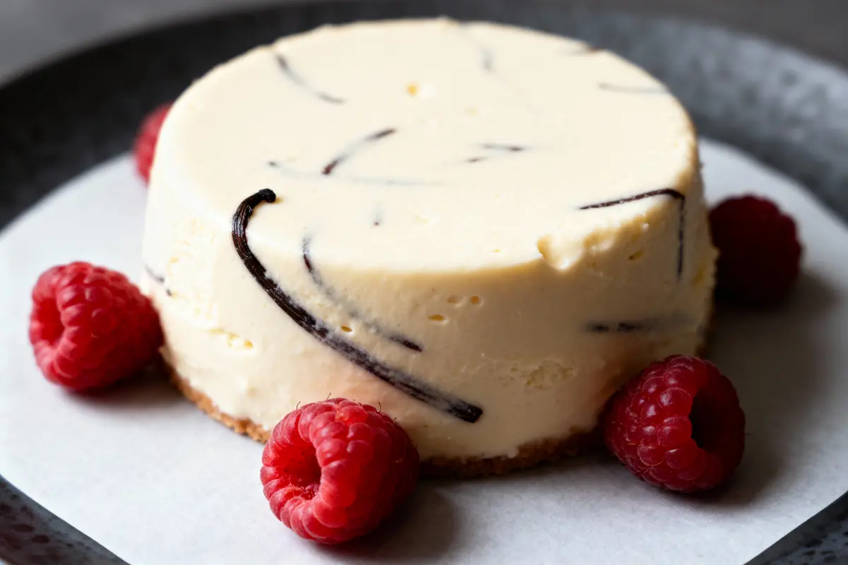 Cheesecake tourbillon chocolat sur assiette, entouré de framboises rouges fraîches, sur fond gris.