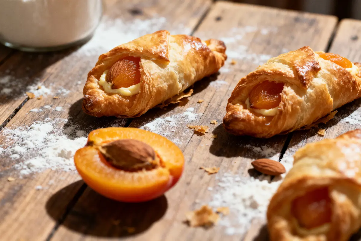 pexels-michal-pech-213601-757318 (1) Croissants dorés garnis d'abricots sur planche en bois avec farine, abricot coupé et amande entière.