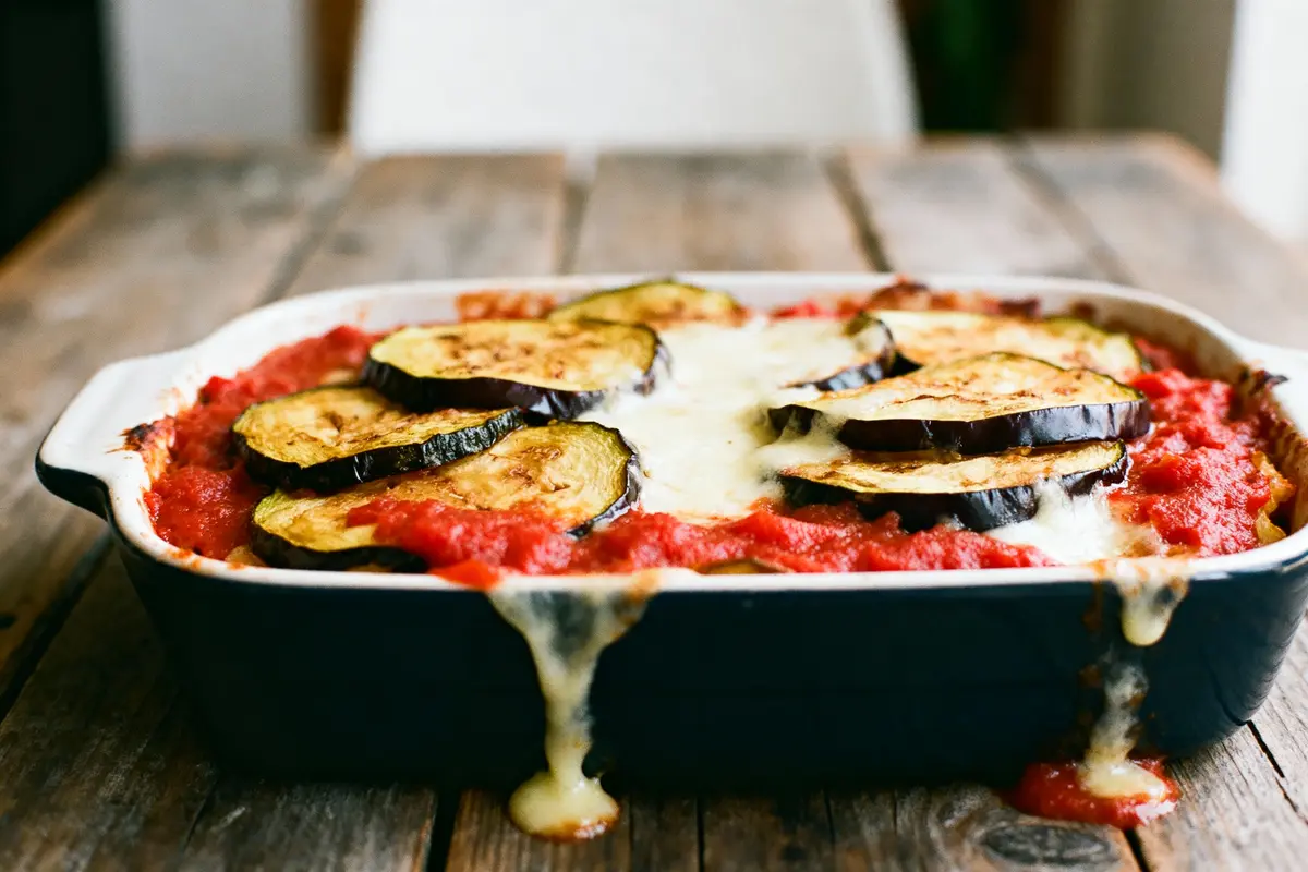 pexels-michal-pech-213601-757318 (1) Plat de lasagne aux légumes avec aubergines et sauce tomate dans un plat à four sur table en bois.