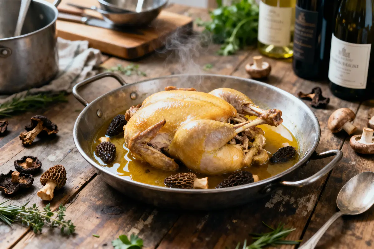 pexels-michal-pech-213601-757318 (1) Poulet rôti dans poêle, accompagné de morilles, sur table en bois avec herbes aromatiques et bouteilles derrière.