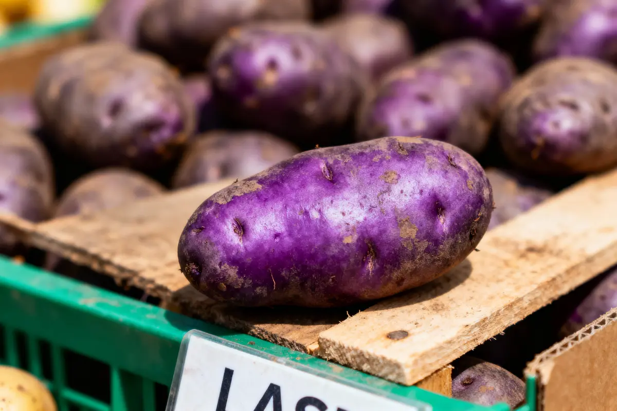 pexels-michal-pech-213601-757318 (1) Pommes de terre violettes empilées sur un plateau en bois dans un marché, étiquette partiellement visible.