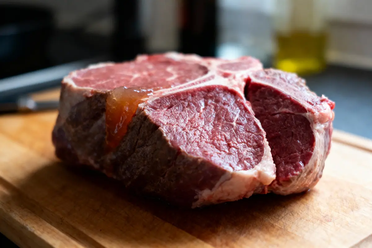 Gros plan d'un steak cru, marbré, sur planche en bois, cuisine en arrière-plan flou.