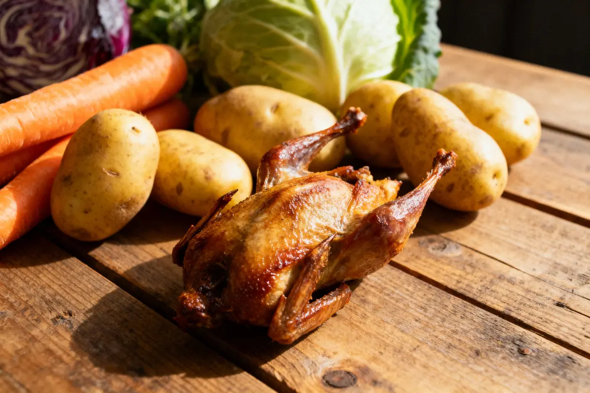 Poulet rôti entier avec pommes de terre, carottes et chou sur table en bois ensoleillée.