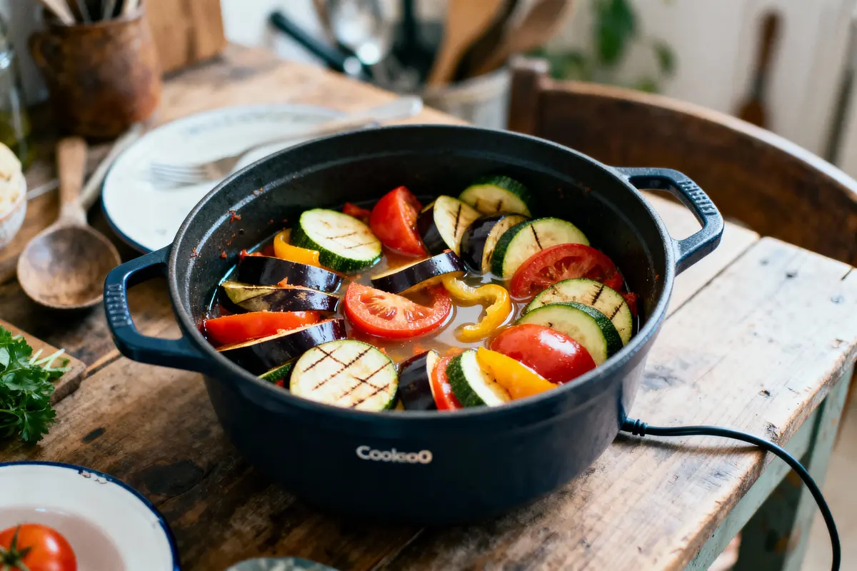 pexels-michal-pech-213601-757318 (1) Cuisine rustique, ratatouille colorée de légumes dans une cocotte en fonte sur une table en bois.