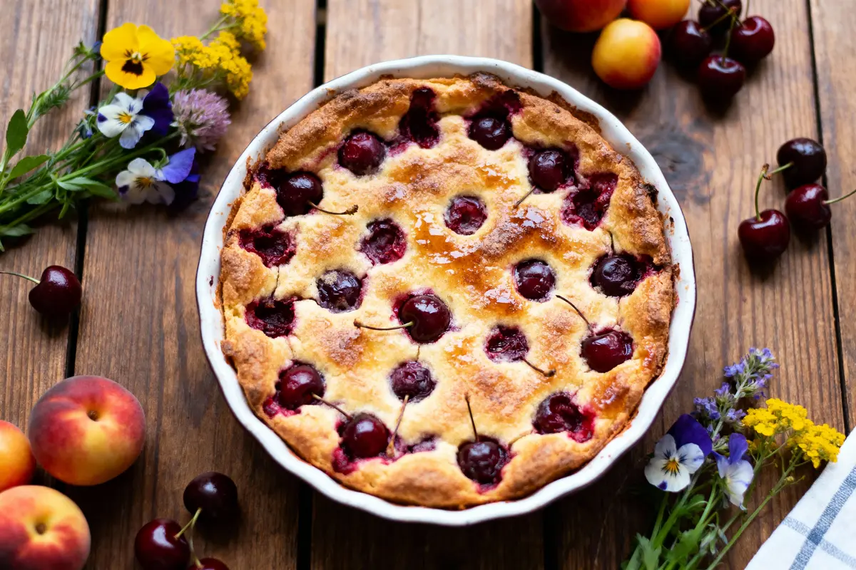 pexels-michal-pech-213601-757318 (1) Tarte aux cerises dorée, entourée de fleurs colorées et fruits, sur table en bois.