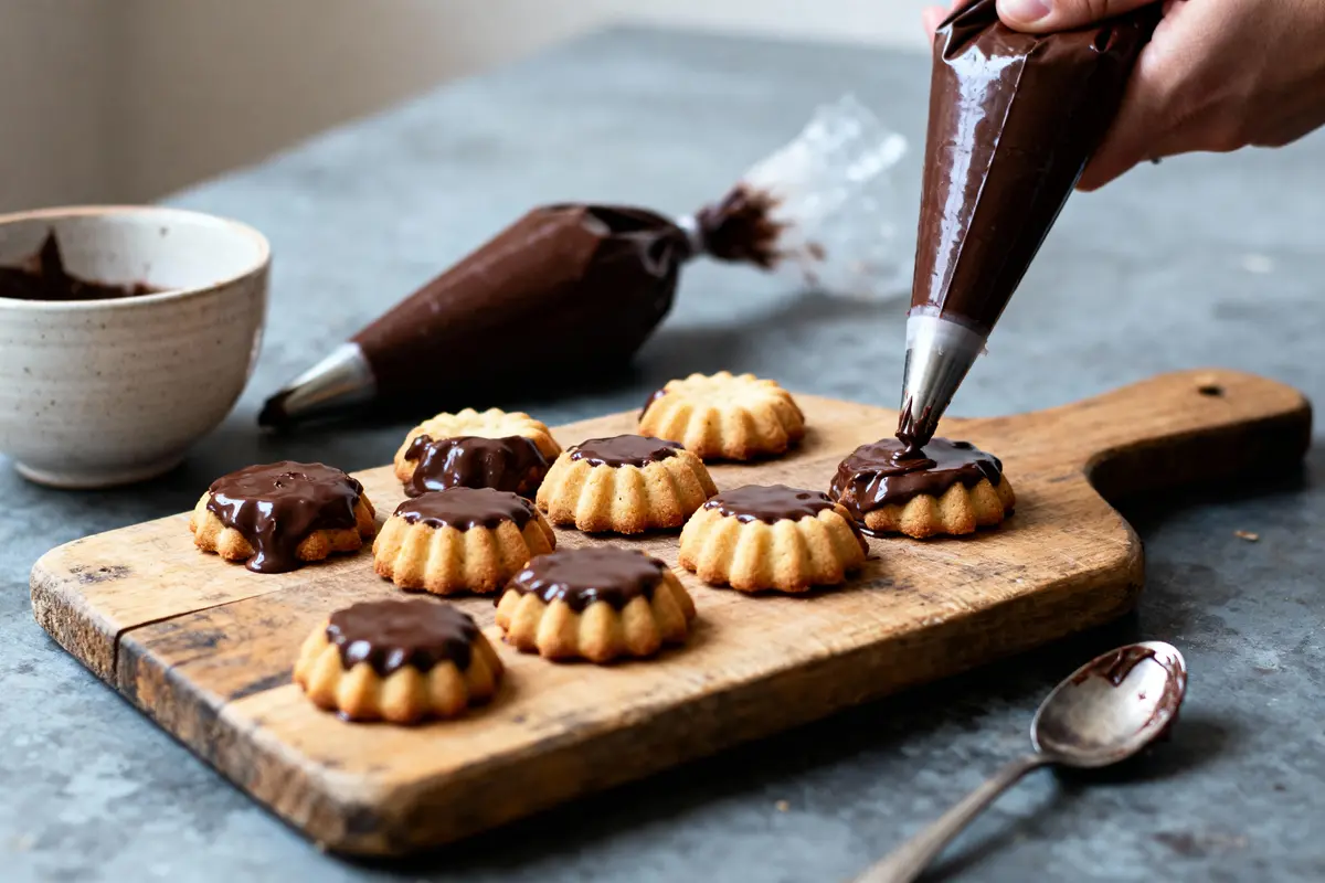 pexels-michal-pech-213601-757318 (1) Commenting du chocolat sur biscuits sur planche bois, avec poche pâtissière, bol et cuillère en arrière-plan.