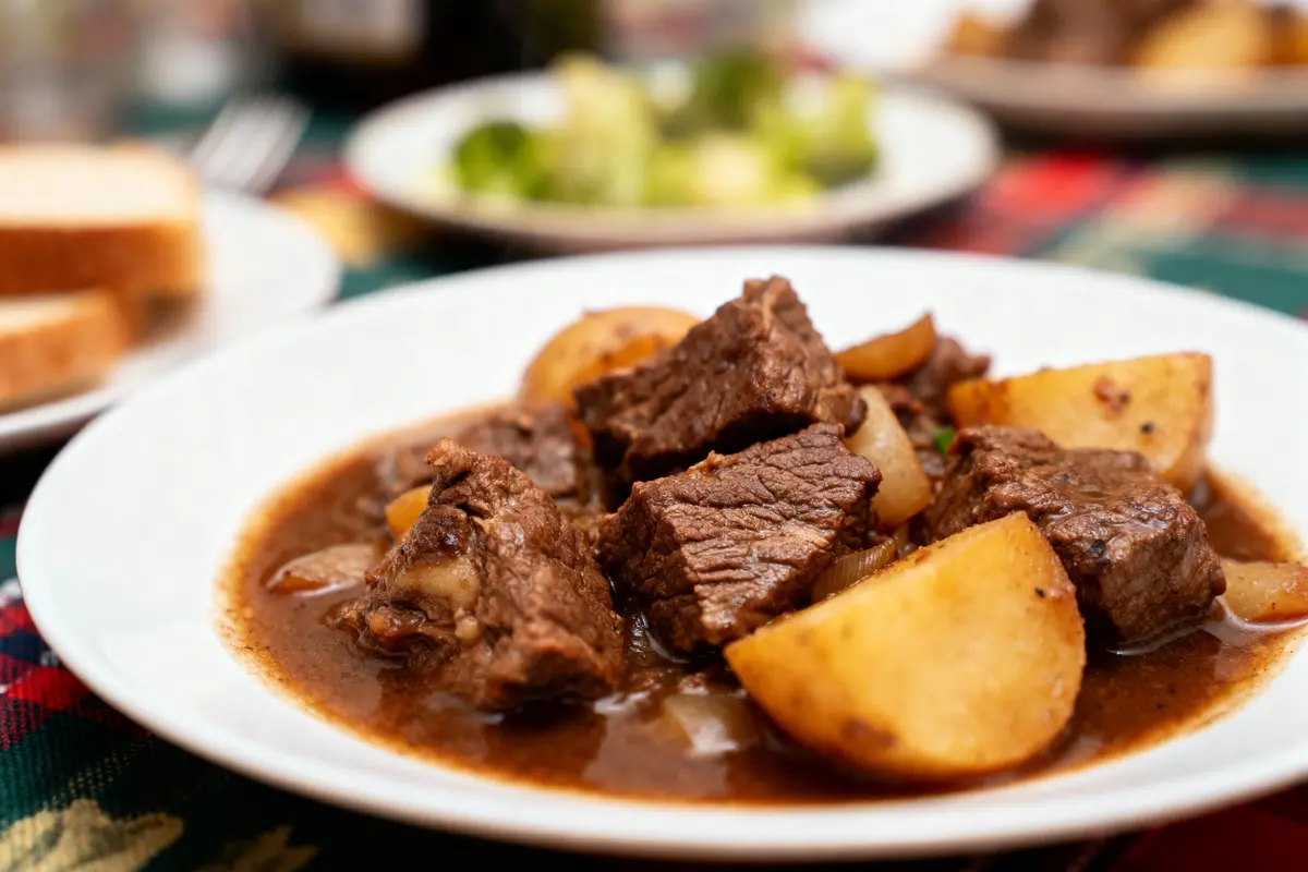 pexels-michal-pech-213601-757318 (1) Assiette de ragoût de bœuf avec pommes de terre, sauce brune, servie sur table aux couleurs vives.