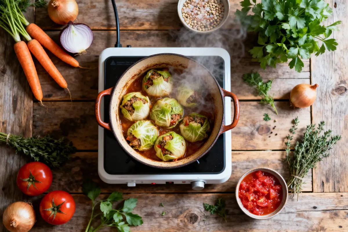 Plat de feuilles de chou farcies mijotant sur plaques chauffantes, entouré de légumes et herbes fraîches.