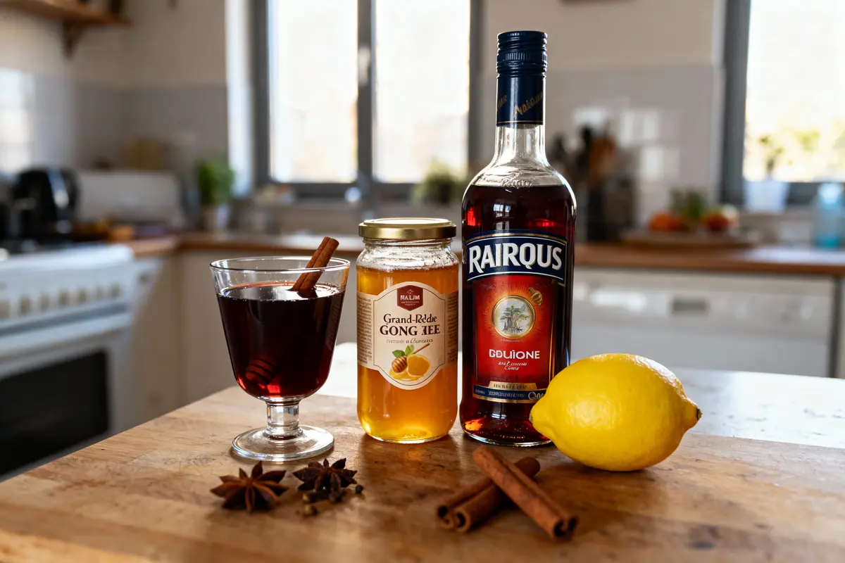 pexels-michal-pech-213601-757318 (1) Verre de vin chaud avec cannelle, miel, liqueur de fruits, citron, anis étoilé, sur table de cuisine.