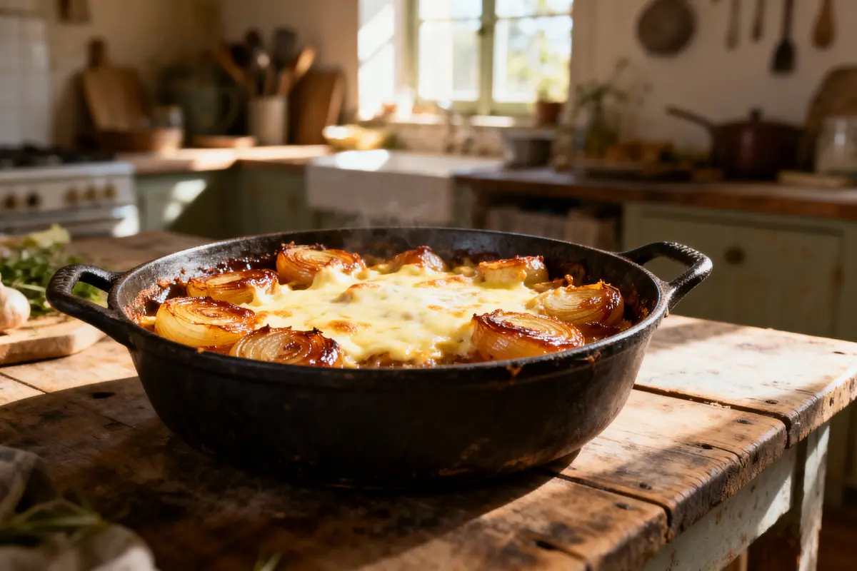 pexels-michal-pech-213601-757318 (1) Plat en fonte avec gratin d'oignons et fromage fondu, dans une cuisine ensoleillée et rustique.
