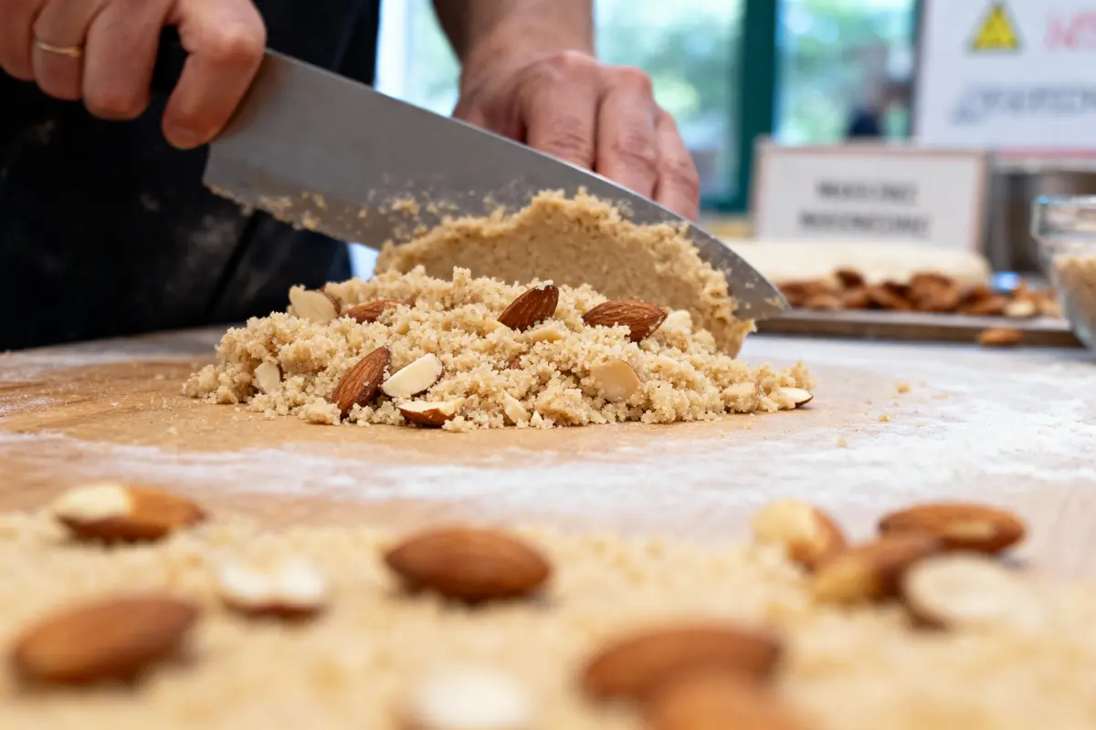 Personne coupant pâte d'amandes avec couteau sur plan de travail en bois.