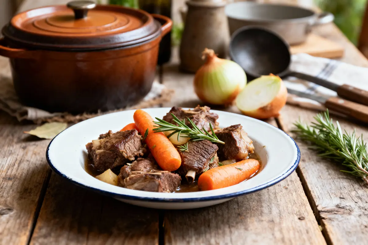 pexels-michal-pech-213601-757318 (1) Assiette de ragoût avec viande, carottes, romarin sur table en bois. Cocotte brune et oignons en arrière-plan.