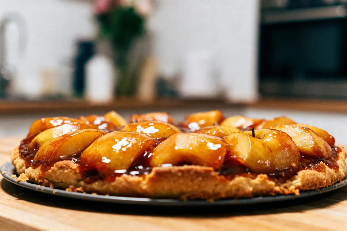 pexels-michal-pech-213601-757318 (1) Tarte aux pommes caramélisées sur une table en bois dans une cuisine floue.