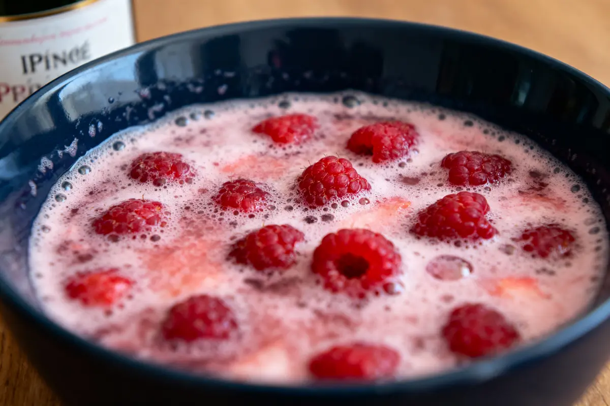 pexels-michal-pech-213601-757318 (1) Bol bleu avec framboises dans un liquide pétillant rose mousseux, bouteille floue en arrière-plan.