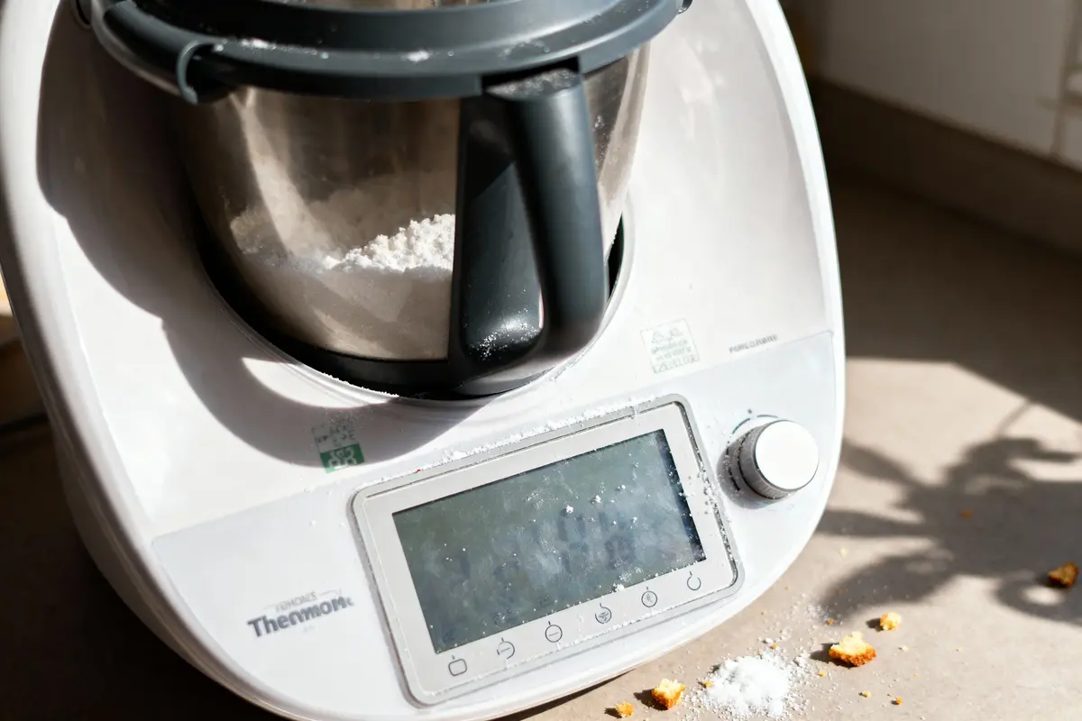 Thermomix avec farine dans le bol, écran tactile et miettes sur le plan de travail ensoleillé.