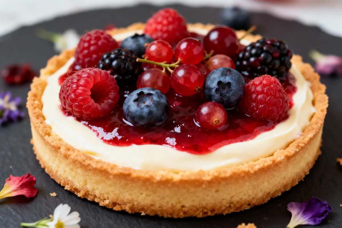 pexels-michal-pech-213601-757318 (1) Tarte aux fruits rouges variés, garnie de baies fraîches et fleurs comestibles, présentée sur une ardoise noire.