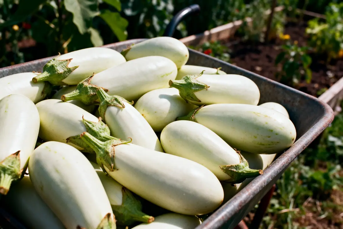 Aubergines blanches fraîches dans une brouette au jardin sous le soleil.