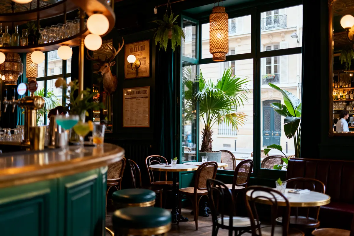 pexels-michal-pech-213601-757318 (1) Intérieur d'un café parisien avec bar, tables, lumière douce, plantes, et décoration vintage.