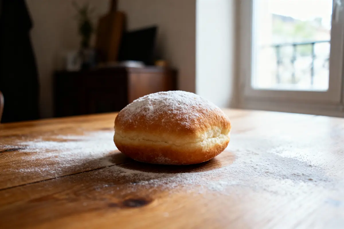 Beignet saupoudré de sucre glace sur table en bois, devant une fenêtre.
