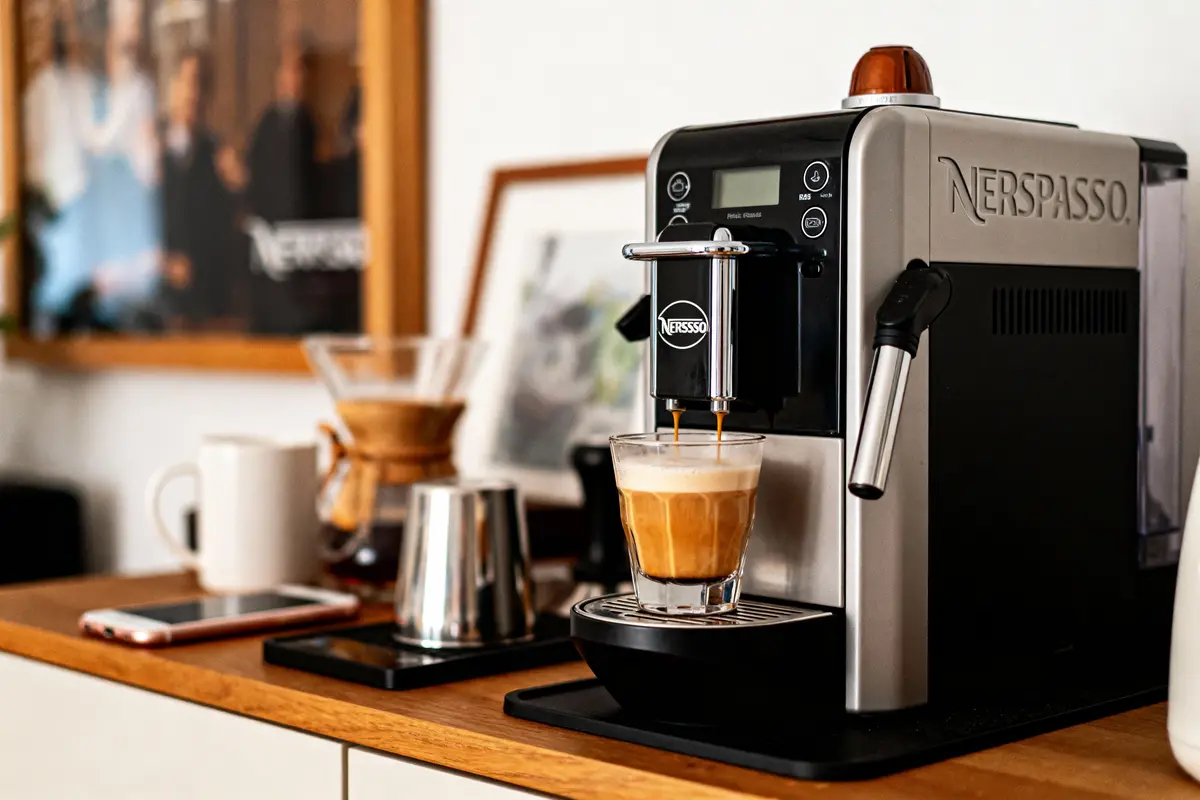 Machine à café Nersspasso prépare un cappuccino, objets divers sur le comptoir en arrière-plan.