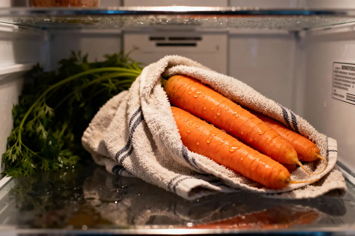 Carottes fraîches avec fanes, enveloppées dans un torchon humide, dans un réfrigérateur.