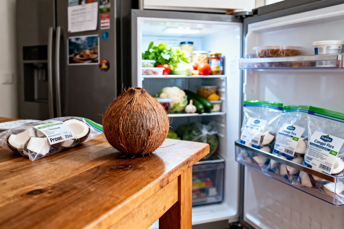 Table en bois avec noix de coco, réfrigérateur ouvert avec légumes et produits emballés.