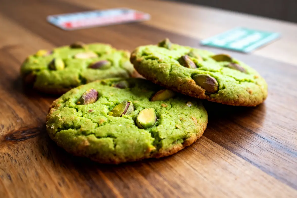 pexels-michal-pech-213601-757318 (1) Cookies verts aux pistaches sur table en bois, éclairage naturel.