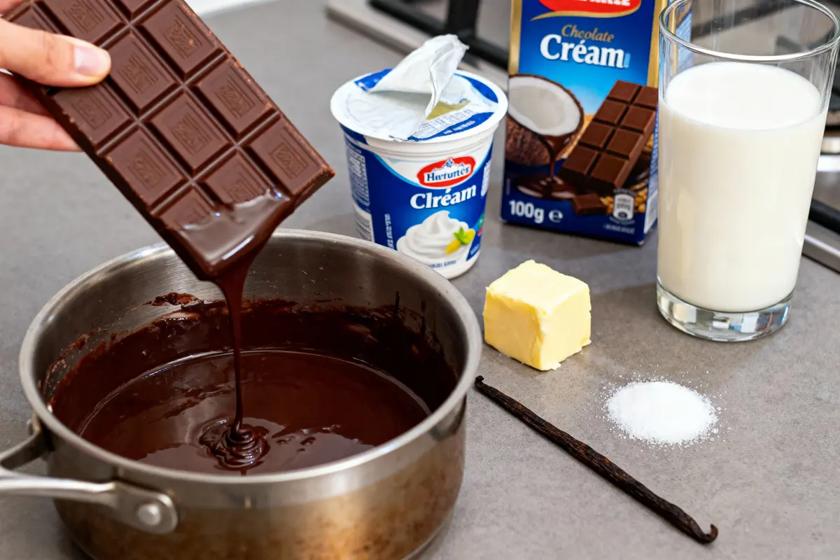 pexels-michal-pech-213601-757318 (1) Tablette de chocolat fondue dans casserole, avec crème, beurre, lait, sucre, et gousse de vanille à proximité.