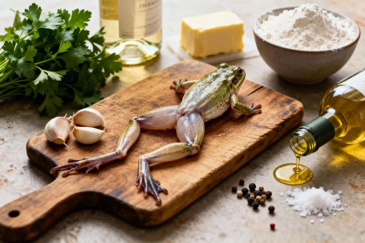 Grenouille sur planche en bois avec ail, persil, beurre, farine, vin, huile et épices. Scène de préparation culinaire.