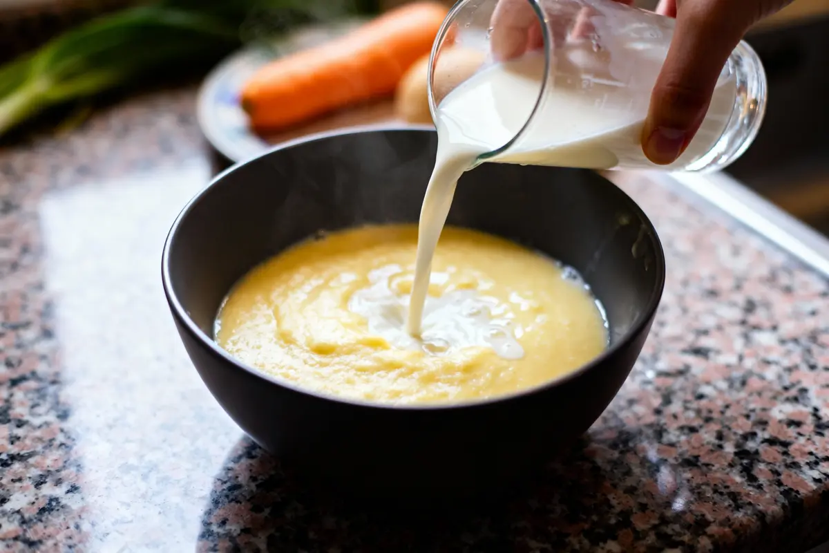 pexels-michal-pech-213601-757318 (1) Main versant du lait dans un bol de purée de pommes de terre sur un comptoir.