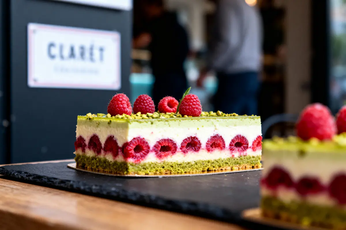 pexels-michal-pech-213601-757318 (1) Gâteau pistache-framboise élégant sur planche noire, décoré de framboises entières et pistaches concassées. Fond flou.